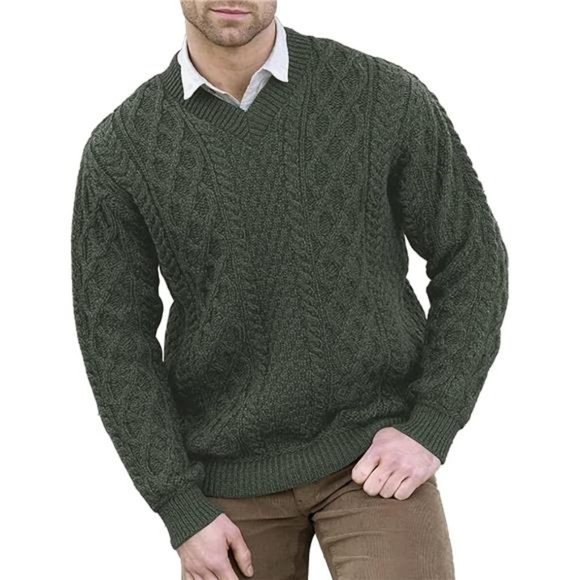 Men'sLong Sleeves Sweaters Cable Knit V-Neck Jacquard Pullover Sweater